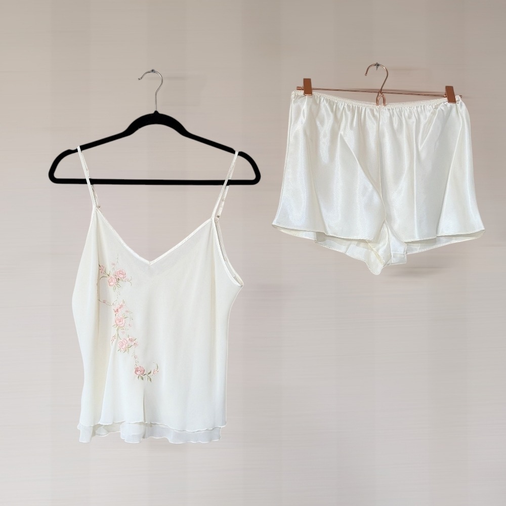 Vintage Embroidered Floral Pajama‎ Set Dainty Coquette Womens L